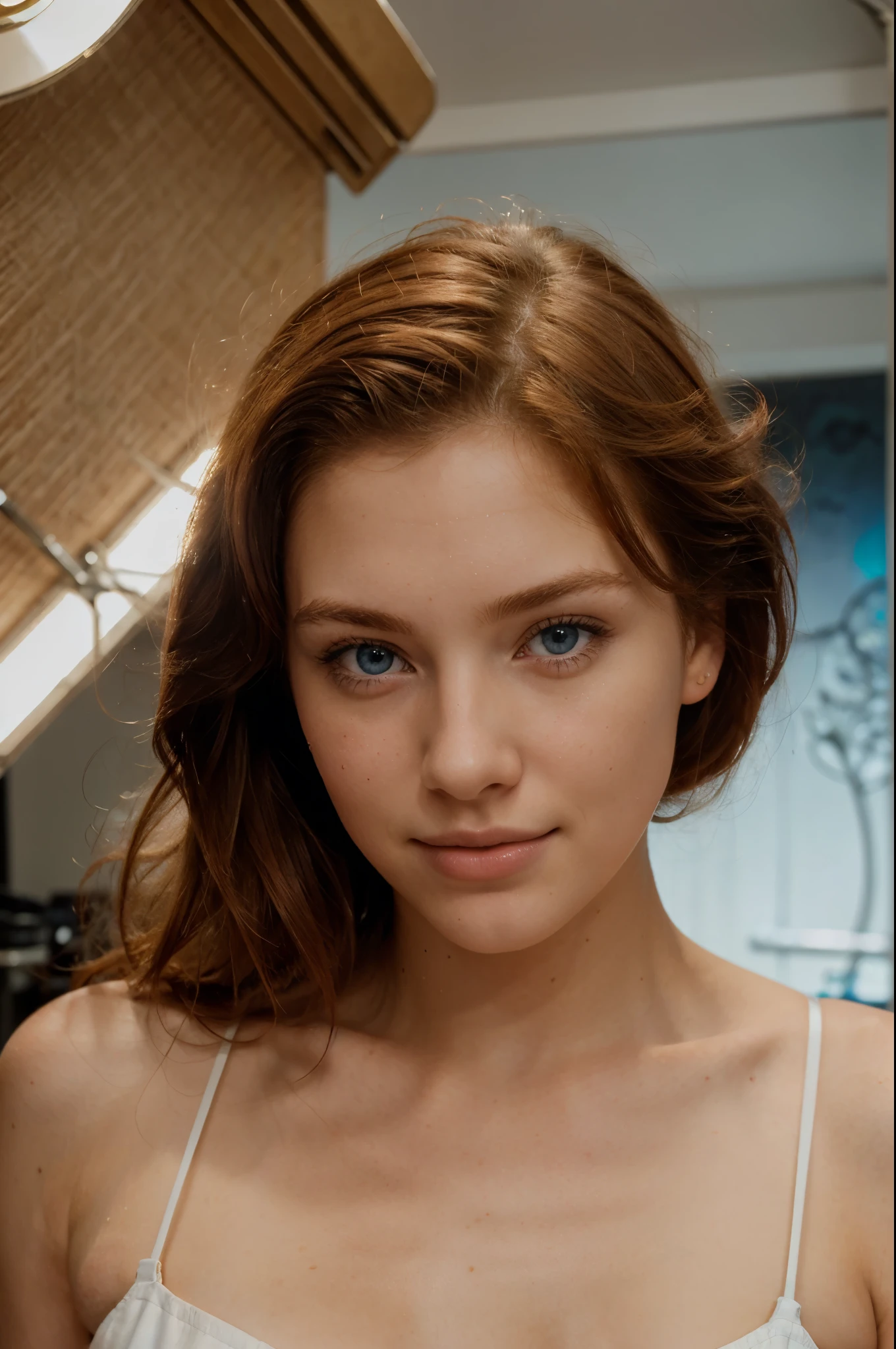 (realistic lighting, masterpiece:1.3), (8k, photorealistic, RAW photo, best quality: 1.4), (1girl), an woman with chestnut hair, glittery eyes, 22 years old, ultra realistic real textured beautiful face, (realistic face), (chestnut hair, long hair:1.3), beautiful hairstyle, realistic broun eyes, ultra detailed beautiful detailed eyes, (realistic skin), beautiful pink red golden skin, mirror lighting, Ultra detailed , hd quality, Realistic character,coiffed blonde hair,Blue eyes, realistic breast, Alone, modern, Cyberpunk, on bed, pink red golden lipstick,
