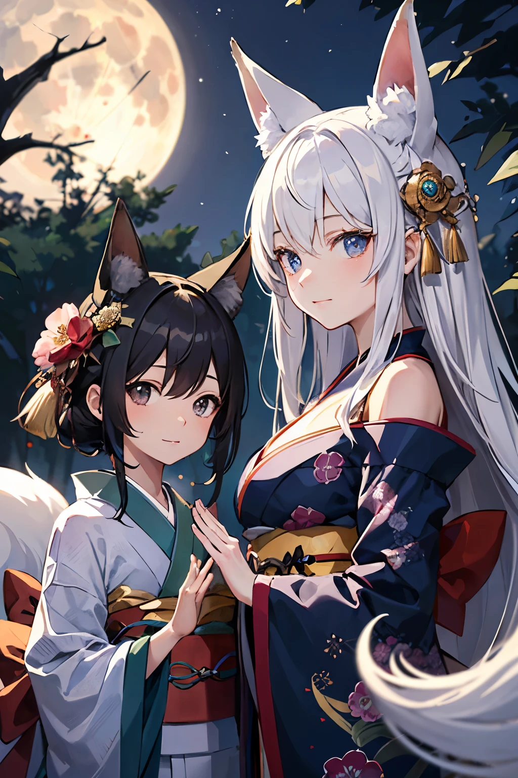 ((Best Quality)), ((masutepiece)), (Detailed), Perfect face、perfect bodies、perfect hand、Beastman、fox、19age、girl with、kimono、Modern style、fullmoon、loiter、Ephemeral face、Beautiful face、low angles