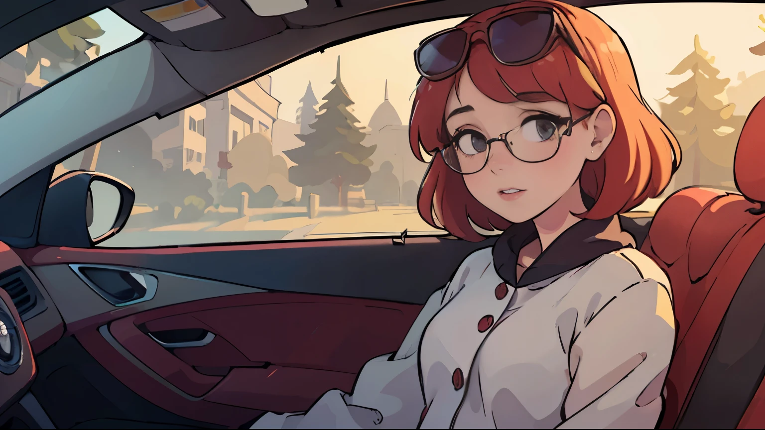A girl driving a Volkswagen Beetle in a colorful garden, surrounded by vibrant flowers and tall trees. The girl has beautiful detailed eyes, a cute button nose, and luscious lips. She is wearing a vintage-inspired polka dot dress with a matching headscarf and sunglasses. The car is painted in a bright red color and has a distinct retro design. The scene is bathed in golden sunlight, creating a warm and inviting atmosphere. The artwork is created using a combination of illustration and photography, resulting in a unique mixed media style. The image is of the best quality, with ultra-detailed textures and realistic shading. The colors are vibrant and vivid, with a touch of vintage nostalgia. The lighting is soft and diffused, accentuating the serene beauty of the garden.