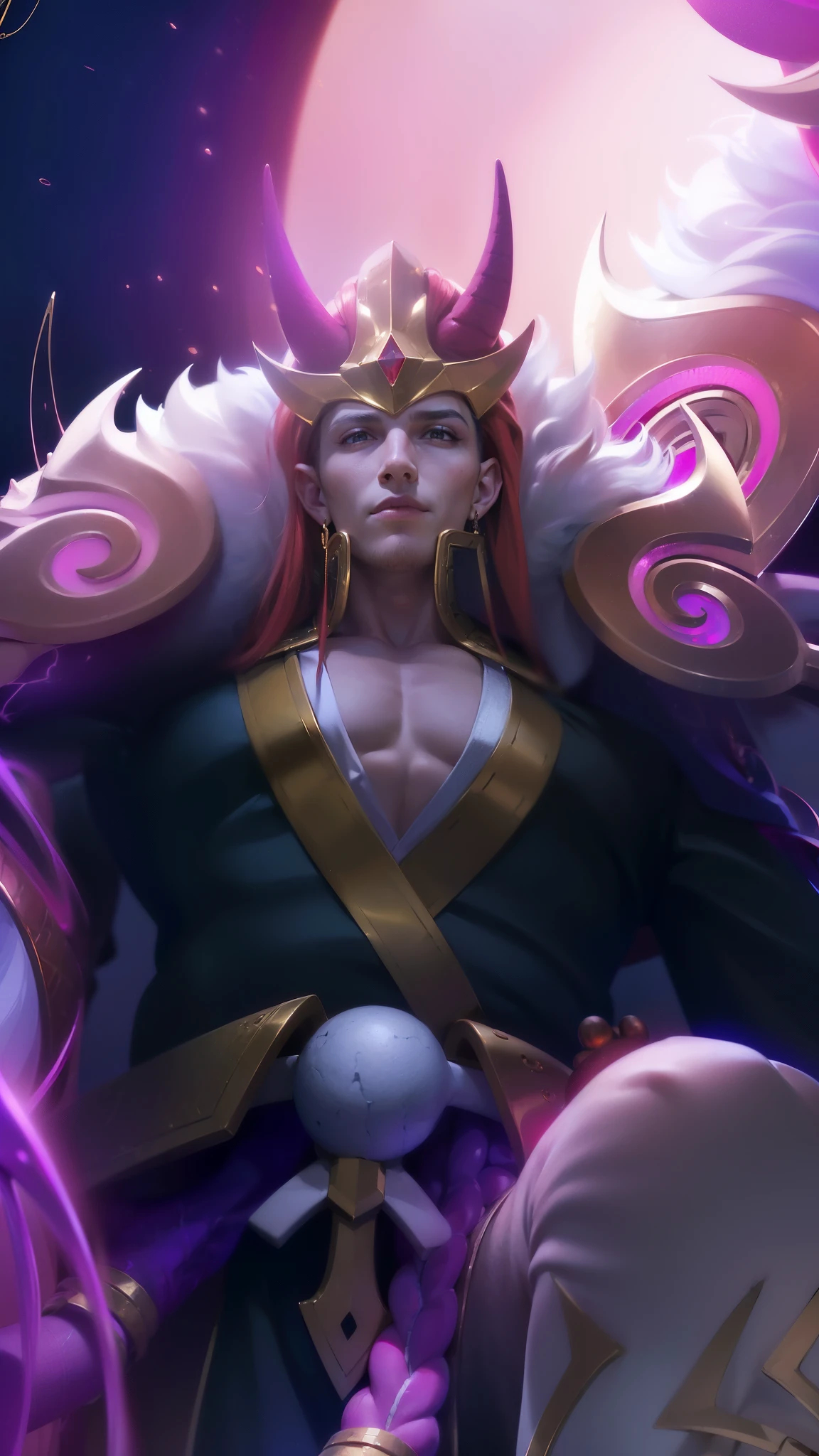 masculine male, masterpiece, ((perfect eyeest quality, (semirealism:1.9), beautiful lighting, (extremely detailed CG unity 4k fhd wallpaper), High Detail, Sharp focus, dramatic outdoors, 1 boy ,19 years old, red hair, blue eyes, Boy with two big horns, big earrings on ears, elf ear, red eyes, Thick eyebrows, evil smile, grinning,red body, red face, Burning skin, yellow diamonds glistening on chest, burning red skin,golden robe behind, big white belt , 8k , realistic, scary.