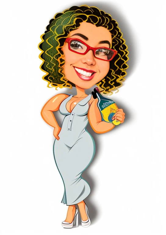 cartoon woman with curly hair and glasses, segurando um copo de cerveja, in cartoon style, mulher bonito, potrait de corpo inteiro segurando garrafa, caricatura style, caricatura!!!, caricatura illustration, charicatura, caricatural, Latim, esty, retrato de corpo inteiro, Chibi, imagem dos desenhos animados, inspirado em Shirley Teed, Retrato do meio do corpo, arte dos desenhos animados