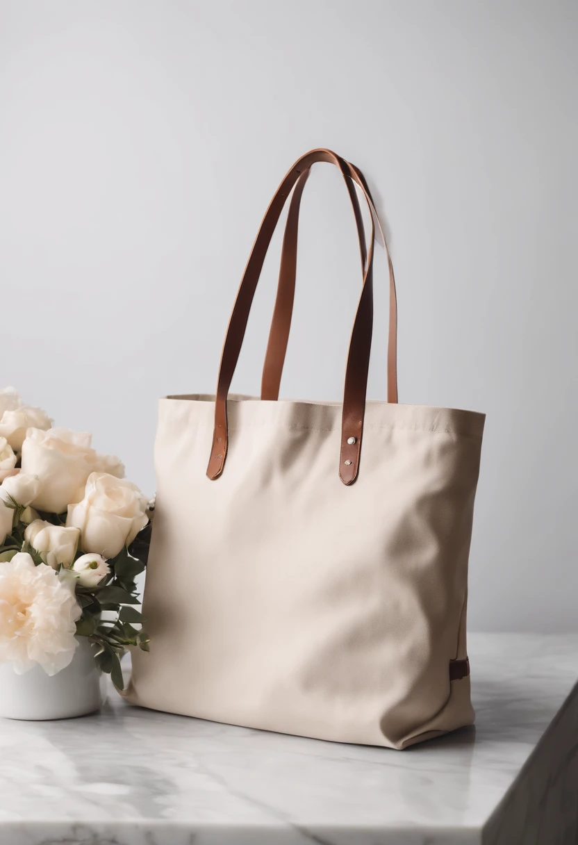 An aesthetic photo of a blank tote bag mockup placed on a marble countertop with fresh flowers and stylish accessories, showcasing its versatility as a fashion statement