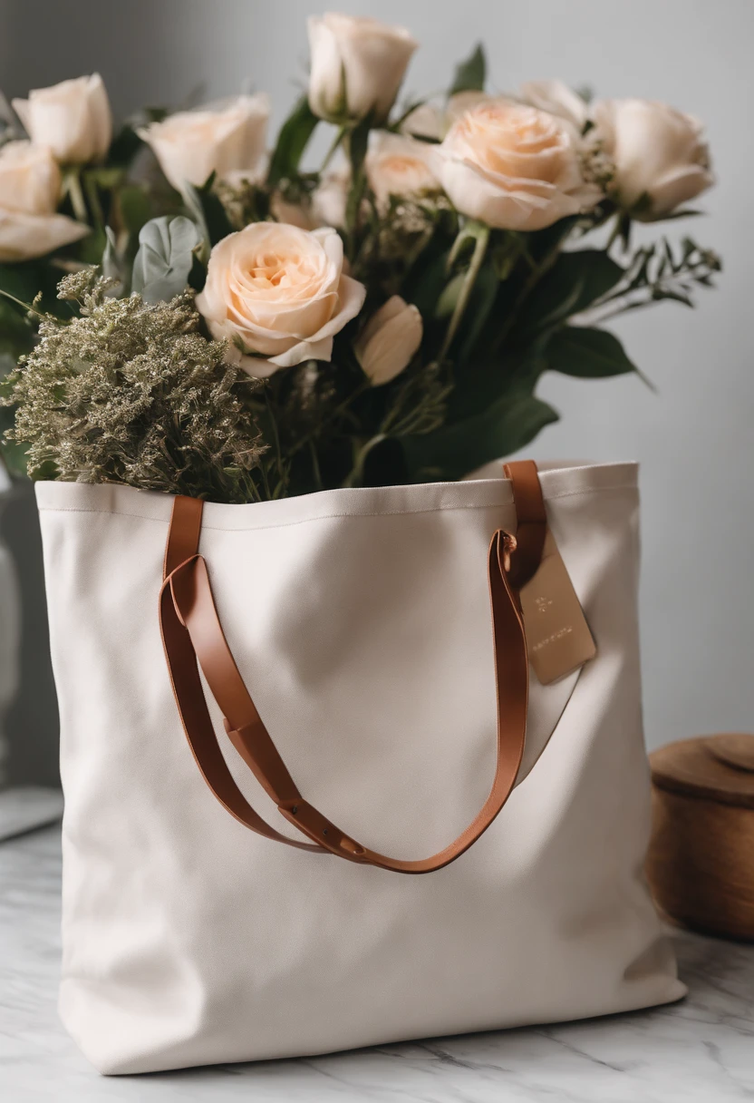 An aesthetic photo of a blank tote bag mockup placed on a marble countertop with fresh flowers and stylish accessories, showcasing its versatility as a fashion statement