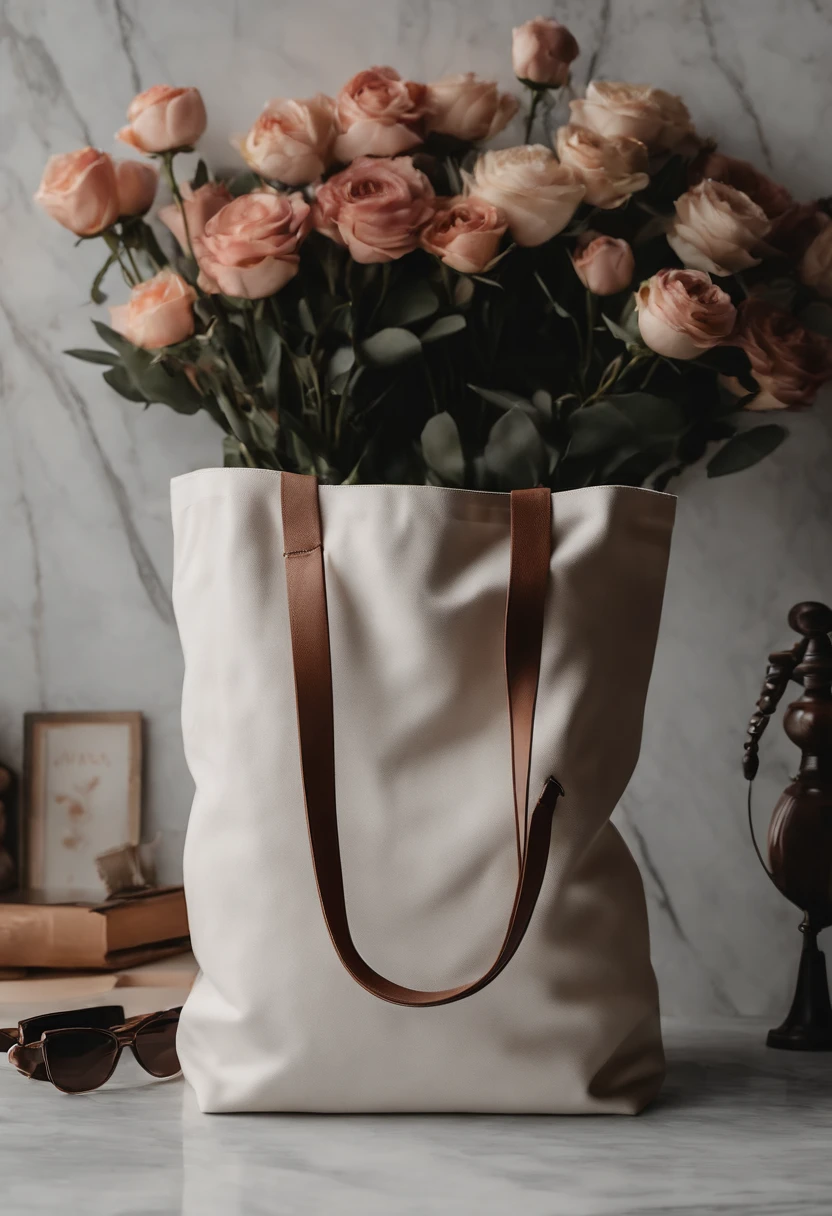 An aesthetic photo of a blank tote bag mockup placed on a marble countertop with fresh flowers and stylish accessories, showcasing its versatility as a fashion statement