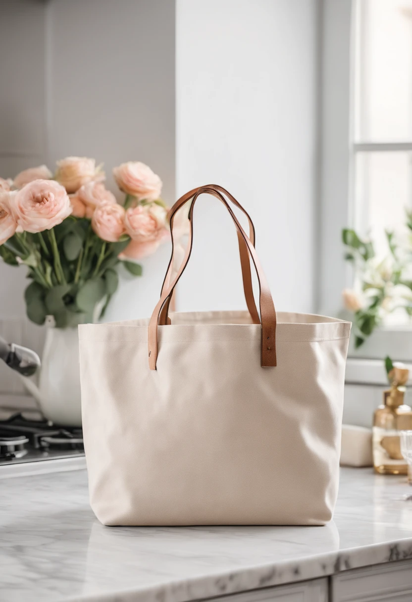 An aesthetic photo of a blank tote bag mockup placed on a marble countertop with fresh flowers and stylish accessories, showcasing its versatility as a fashion statement
