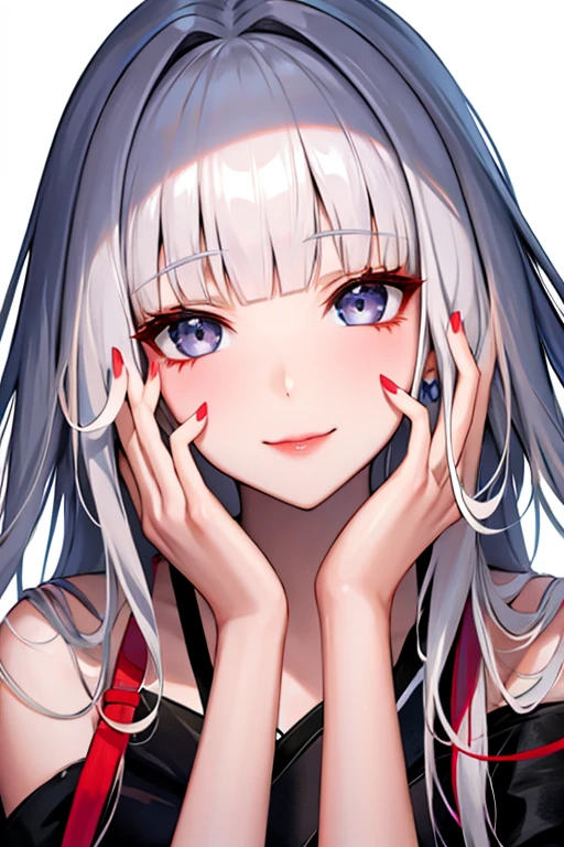 1girl in, Solo, Long hair, Looking at Viewer, Smile, Blue eyes, Hair Ornament, White background, Jewelry, White hair, Closed mouth, Blunt bangs, nail polish, 手链, Lips, grey eyes, Portrait, Red Nails, close-up, red Lips, hands on own face, hands on own cheeks,(maturefemale),(Shiny skin),((steaming body))