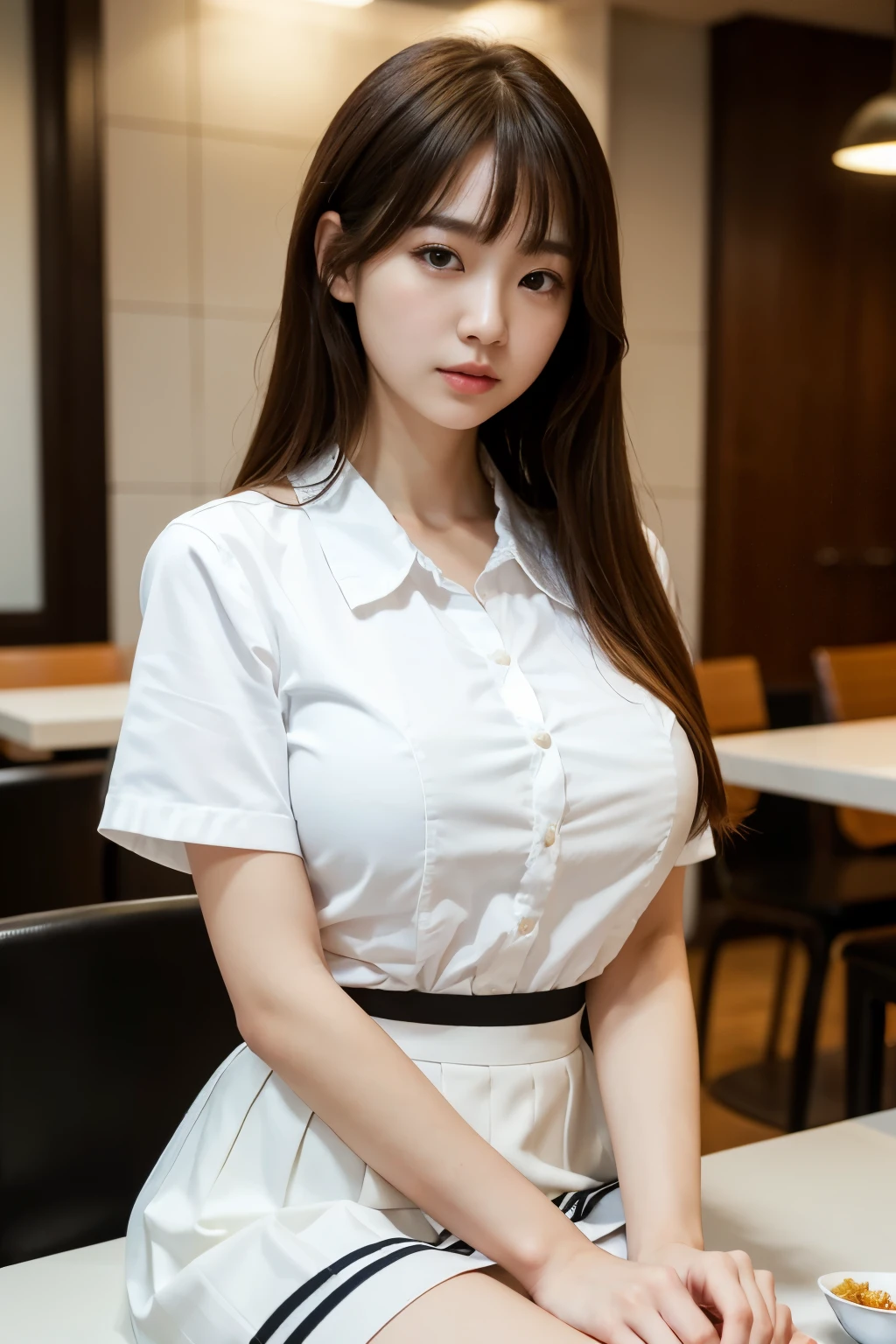 best quality, ultra high res, (photorealistic:1.4), 8k resolution, 1girl, (medium hair:1.3), (realistic hair:1.2), (Korean girl:1.2), (realistic eyes:1.2), beauty face, cute expression, perfect body, black shirt white skirt, white pale skin, huge breast, (looking at camera :1.3), siting on restaurant, food on the table