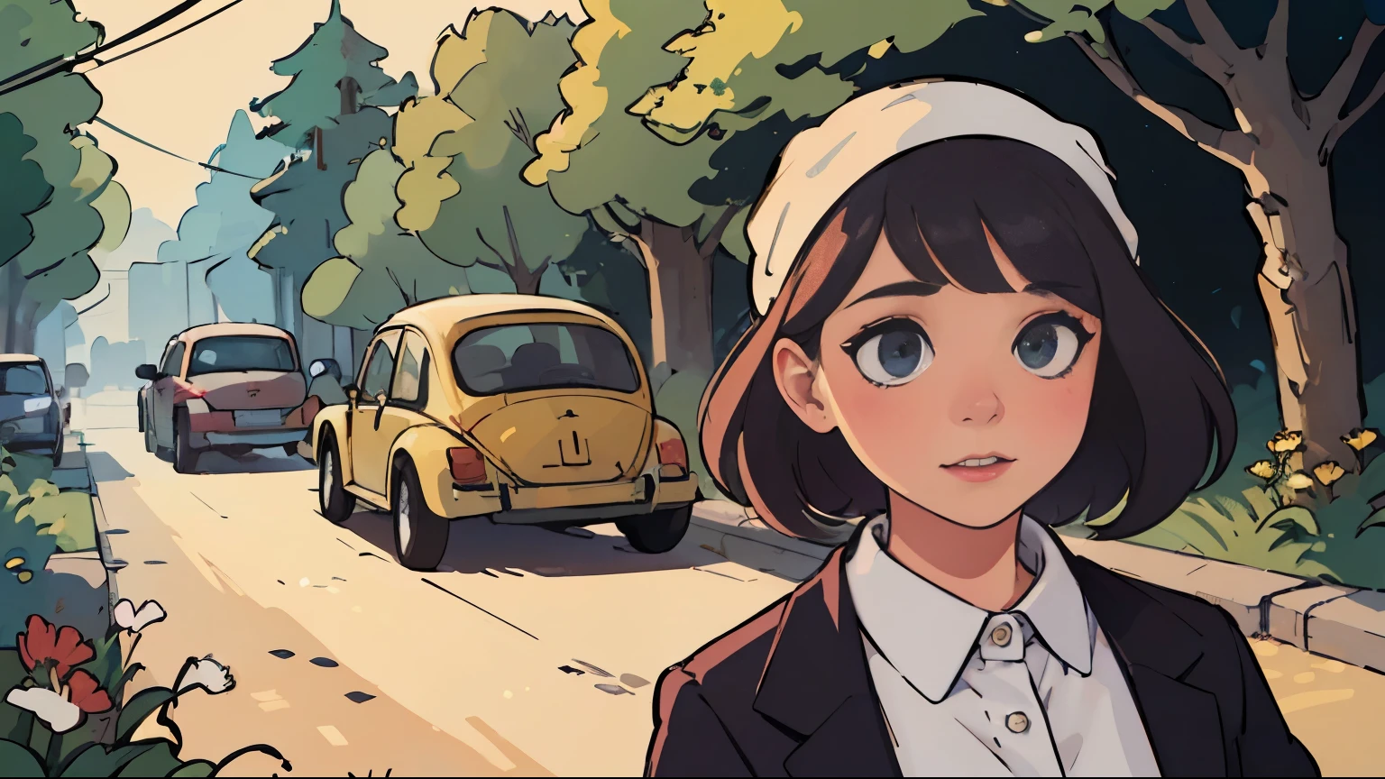 A girl driving a Volkswagen Beetle in a colorful garden, surrounded by vibrant flowers and tall trees. The girl has beautiful detailed eyes, a cute button nose, and luscious lips. She is wearing a vintage-inspired polka dot dress with a matching headscarf and sunglasses. The car is painted in a bright red color and has a distinct retro design. The scene is bathed in golden sunlight, creating a warm and inviting atmosphere. The artwork is created using a combination of illustration and photography, resulting in a unique mixed media style. The image is of the best quality, with ultra-detailed textures and realistic shading. The colors are vibrant and vivid, with a touch of vintage nostalgia. The lighting is soft and diffused, accentuating the serene beauty of the garden.