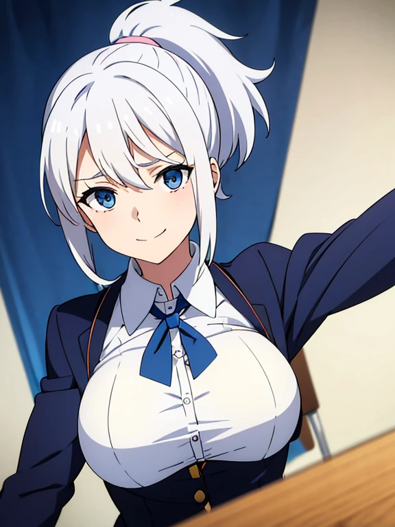 a cute girl, school uniform, large breast, white hair, blue eyes, ponytail, upper body, body focus, turn your eyes here, smile, brush, ashamed, Place the character in the center, don't have anything