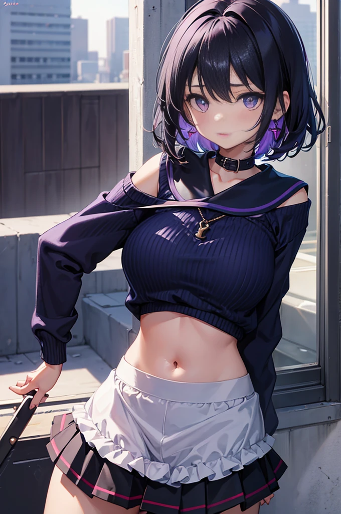 best quality, ultra precision, 1girl, cute, little girl, young, boyish, childish, big breasts, black hair, messy hair, blue short hair, purple eyes, beautiful eyes, girl, ecstasy, sailor collar, estrus, metestrus, start to undress, naughty mood, she loves you, lost virgin, virgin, blush, sexy, beautiful skin, big bow on chest, BLUE SWEATER, BLUE SHIRT, SHIRT UNDER SWEATER, OFF SHOULDER TOP) TSUNDERE 14 YEARS old, Short black skirt, purple earring