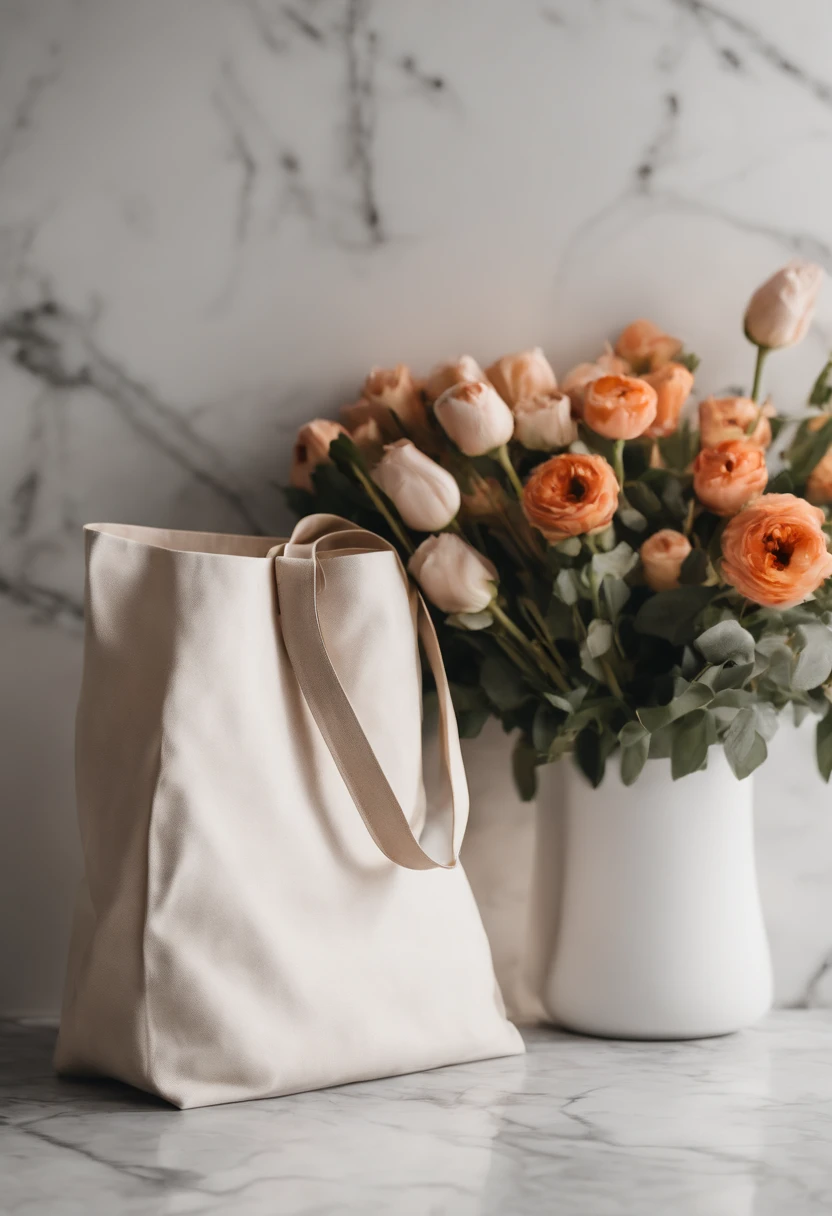 An aesthetic photo of a blank tote bag mockup placed on a marble countertop with fresh flowers and stylish accessories, showcasing its versatility as a fashion statement