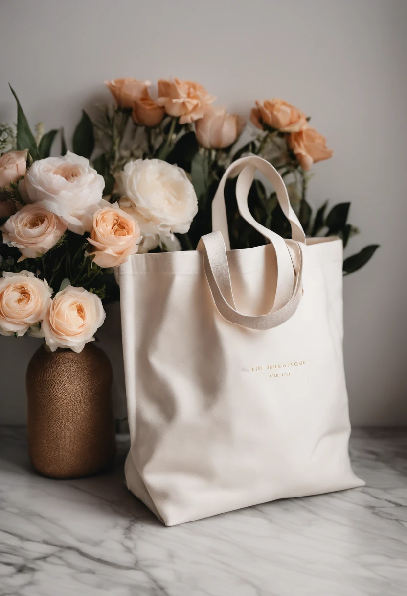 An aesthetic photo of a blank tote bag mockup placed on a marble countertop with fresh flowers and stylish accessories, showcasing its versatility as a fashion statement