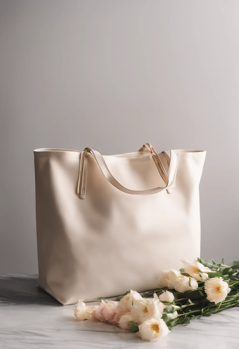An aesthetic photo of a blank tote bag mockup placed on a marble countertop with fresh flowers and stylish accessories, showcasing its versatility as a fashion statement
