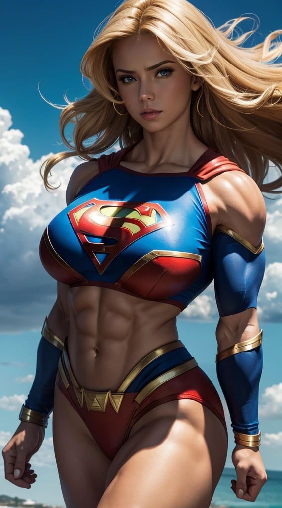 Wallpaper busty muscular Supergirl, sky background, strong biceps, strong abs, hyper muscular bodybuilder, enormous breasts, round tits