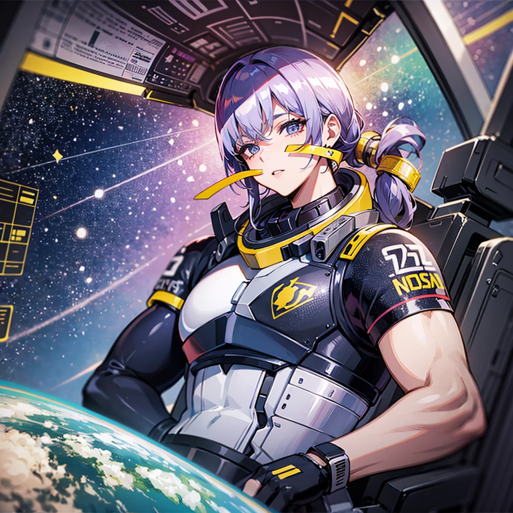 (((masterpiece、Top image quality、top-quality、highly detailed unity 8kwall-paper)))、((Illustration of one adult))、((25-years old))、(pilot)、(((Beautiful girl with a beautiful face、The body is a man)))、(((Twintails with pink hair)))、Light gray eyes、((Tall))、((Muscular strong man's body))、((Muscular strong man's body、solid chest、muscular chest plate、abdominals、muscular and thick arms、muscular and thick legs))、(((白いpilotスーツ)))、((manspreading、Sitting in the cockpit))、(space fighter cockpit、The Universe on the Monitor、Earth seen from space、Spaceport)