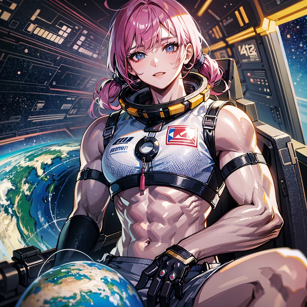 (((masterpiece、Top image quality、top-quality、highly detailed unity 8kwall-paper)))、((Illustration of one adult))、((25-years old))、(pilot)、(((Beautiful girl with a beautiful face、The body is a man)))、(((Twintails with pink hair)))、Light gray eyes、((Tall))、((Muscular strong man's body))、((Muscular strong man's body、solid chest、muscular chest plate、abdominals、muscular and thick arms、muscular and thick legs))、(((白いpilotスーツ)))、((manspreading、Sitting in the cockpit))、(space fighter cockpit、The Universe on the Monitor、Earth seen from space、Spaceport)
