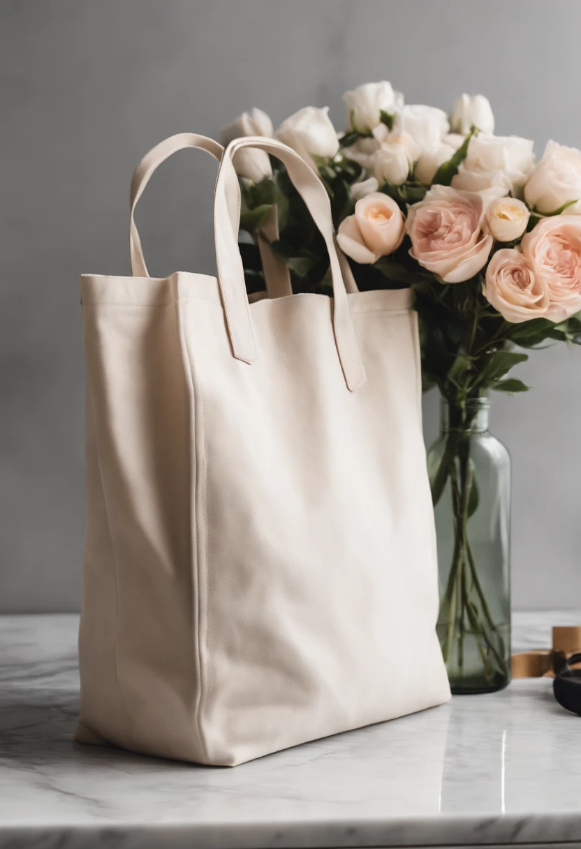 An aesthetic photo of a blank tote bag mockup placed on a marble countertop with fresh flowers and stylish accessories, showcasing its versatility as a fashion statement