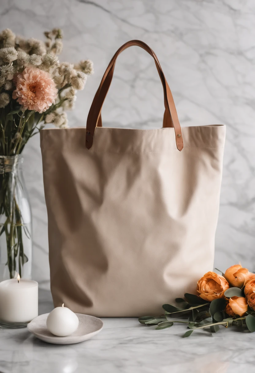 An aesthetic photo of a blank tote bag mockup placed on a marble countertop with fresh flowers and stylish accessories, showcasing its versatility as a fashion statement