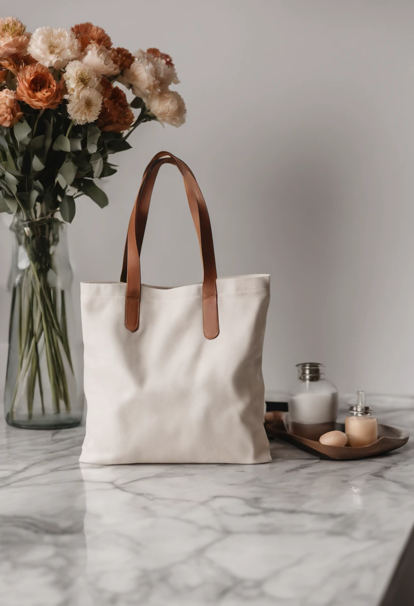 An aesthetic photo of a blank tote bag mockup placed on a marble countertop with fresh flowers and stylish accessories, showcasing its versatility as a fashion statement