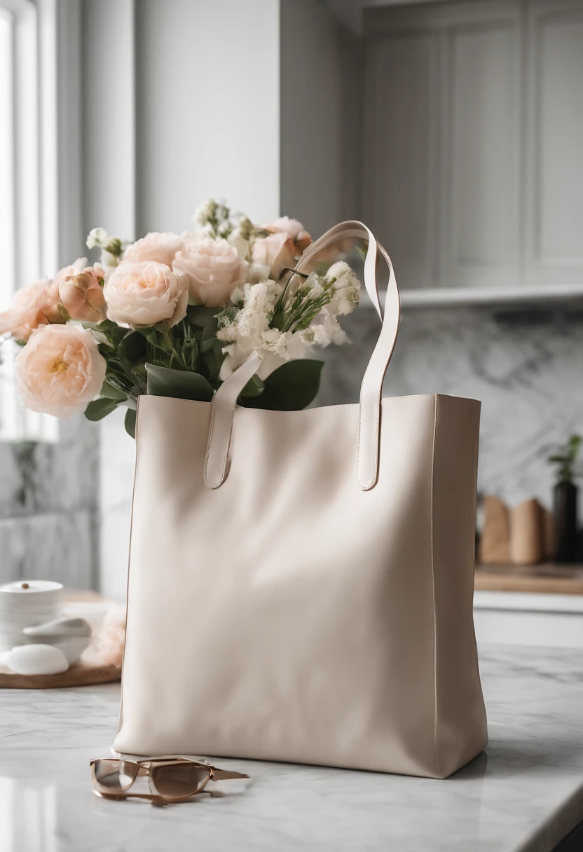 An aesthetic photo of a blank tote bag mockup placed on a marble countertop with fresh flowers and stylish accessories, showcasing its versatility as a fashion statement
