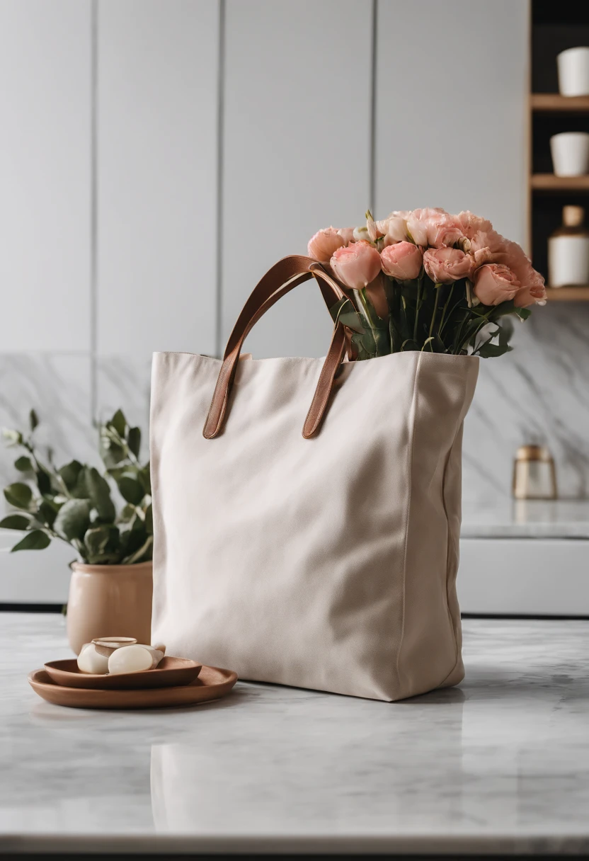 An aesthetic photo of a blank tote bag mockup placed on a marble countertop with fresh flowers and stylish accessories, showcasing its versatility as a fashion statement