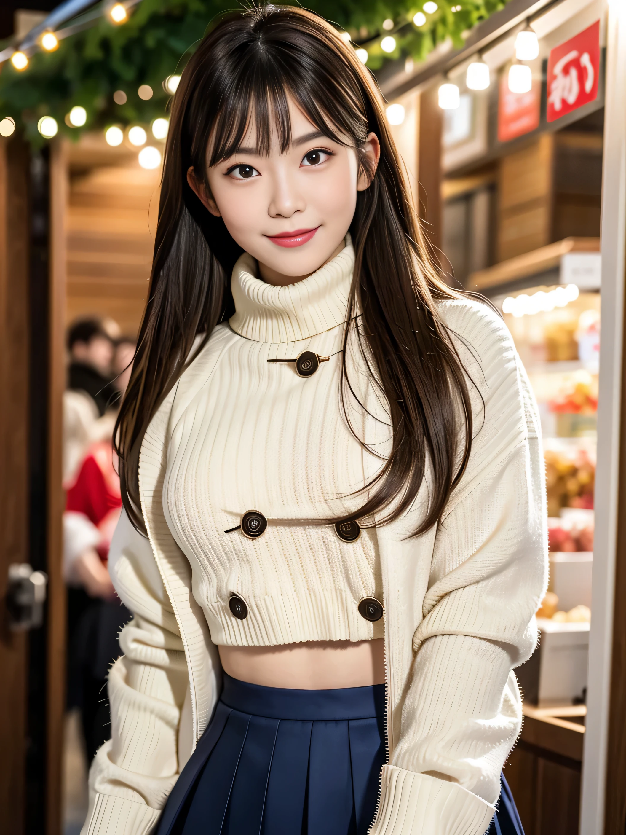 (8K,masutepiece, Raw photo,Best Quality:1.4),(photographrealistic:1.2),(extremely Detailed face),(Shiny skin),(Detailed skin),(Detailed face),(Extremely beautiful face),1girl in,Looking at Viewer,Japanese ido(actor hair,Medium Hair,Straight hair,asymmetrical bangs,Smile,glamor,big chest jacket, Turtleneck sweater, Pleated skirt:1.2), Christmas Market,High Position,Professional Lighting