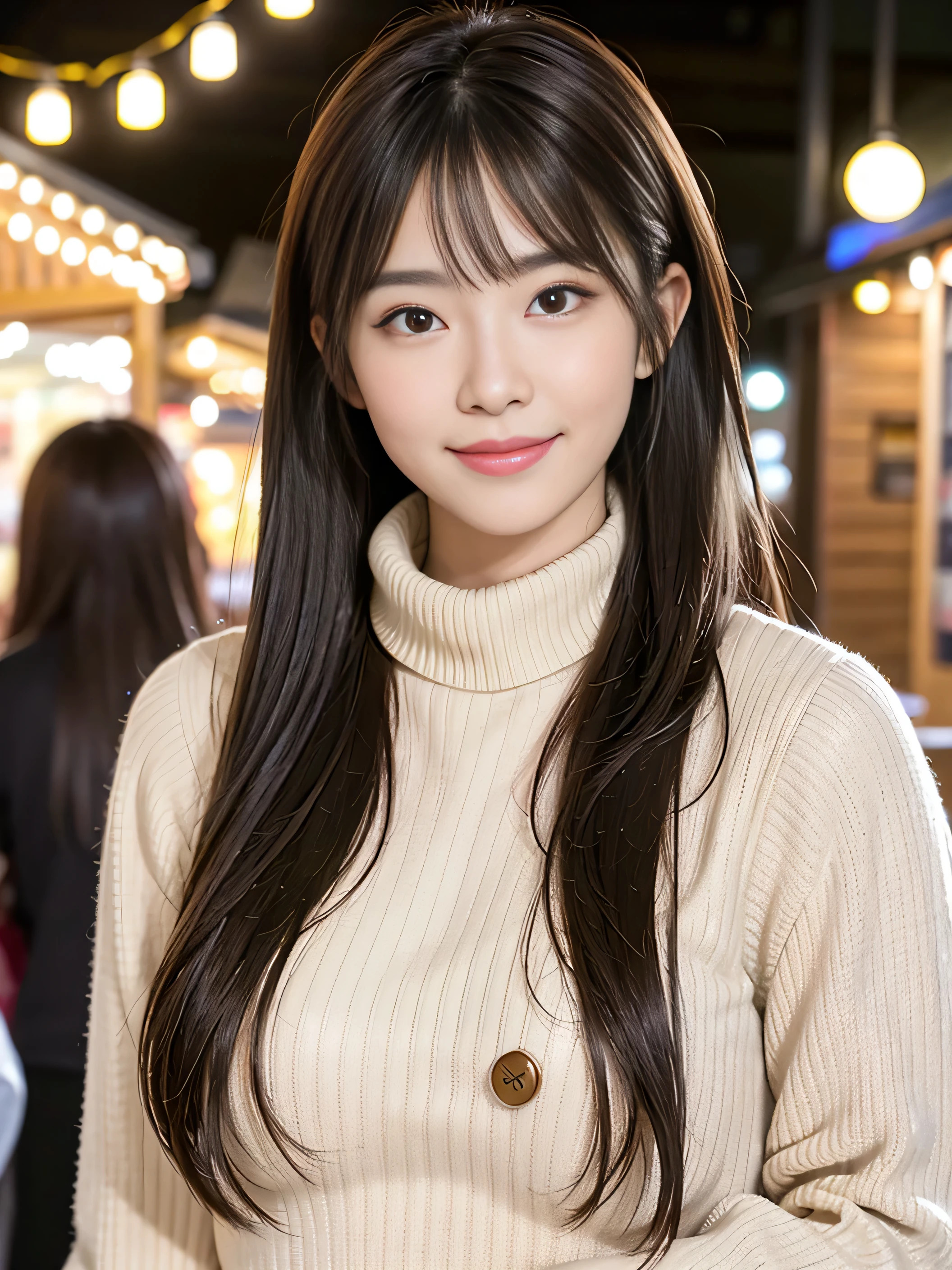 (8K,masutepiece, Raw photo,Best Quality:1.4),(photographrealistic:1.2),(extremely Detailed face),(Shiny skin),(Detailed skin),(Detailed face),(Extremely beautiful face),1girl in,Looking at Viewer,Japanese ido(actor hair,Medium Hair,Straight hair,asymmetrical bangs,Smile,glamor,big chest jacket, Turtleneck sweater, Pleated skirt:1.2), Christmas Market,High Position,Professional Lighting
