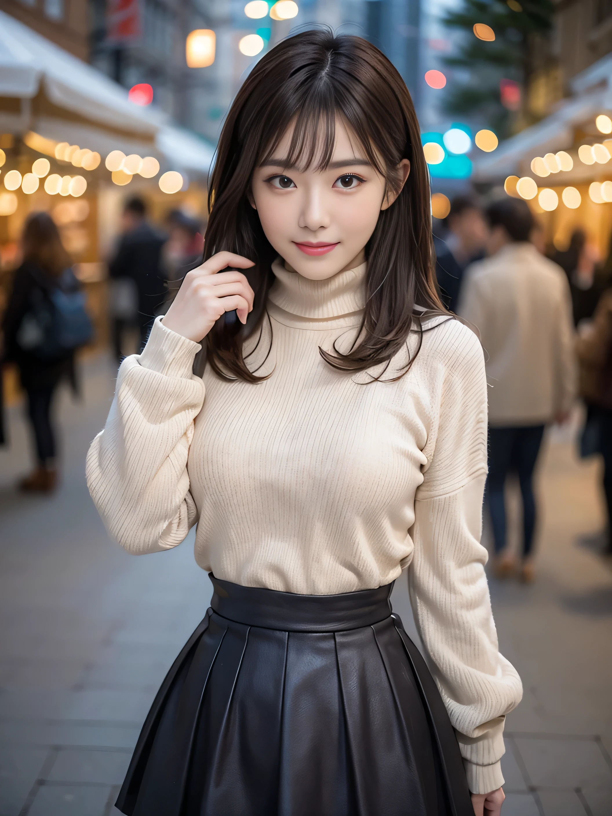 (8K,masutepiece, Raw photo,Best Quality:1.4),(photographrealistic:1.2),(extremely Detailed face),(Shiny skin),(Detailed skin),(Detailed face),(Extremely beautiful face),1girl in,Looking at Viewer,Japanese ido(actor hair,Medium Hair,Straight hair,asymmetrical bangs,Smile,glamor,big chest jacket, Turtleneck sweater, Pleated skirt:1.2), Christmas Market,High Position,Professional Lighting、(((G Cup Big)))、Elegant Pose、 Looking at the camera、Standing、Full-body photos