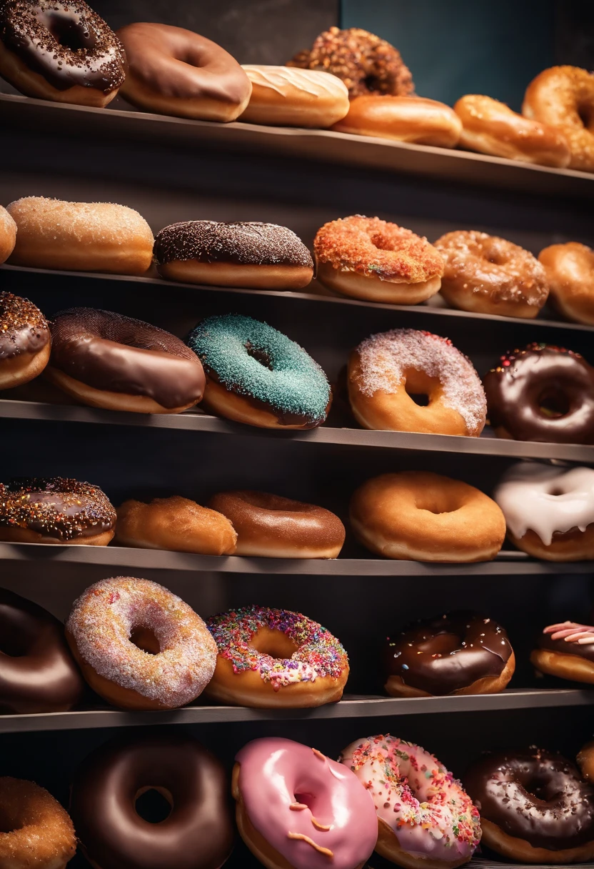A high-resolution image of a donut shop display, with rows of perfectly round donuts in various flavors, colors, and designs, creating a visually inviting and tempting scene