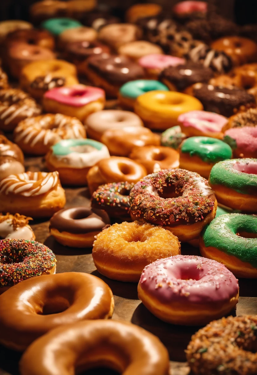A high-resolution image of a donut shop display, with rows of perfectly round donuts in various flavors, colors, and designs, creating a visually inviting and tempting scene