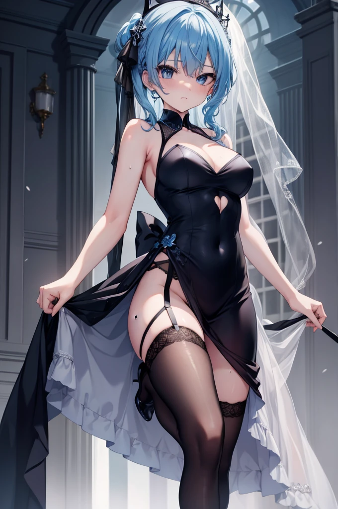 Black dress, Harnes, blue hair color eyes, Garter on the legs, tight fit clothes,Inside the,Sweating in the armpits,firm appearance,Suisei Hoshi Town