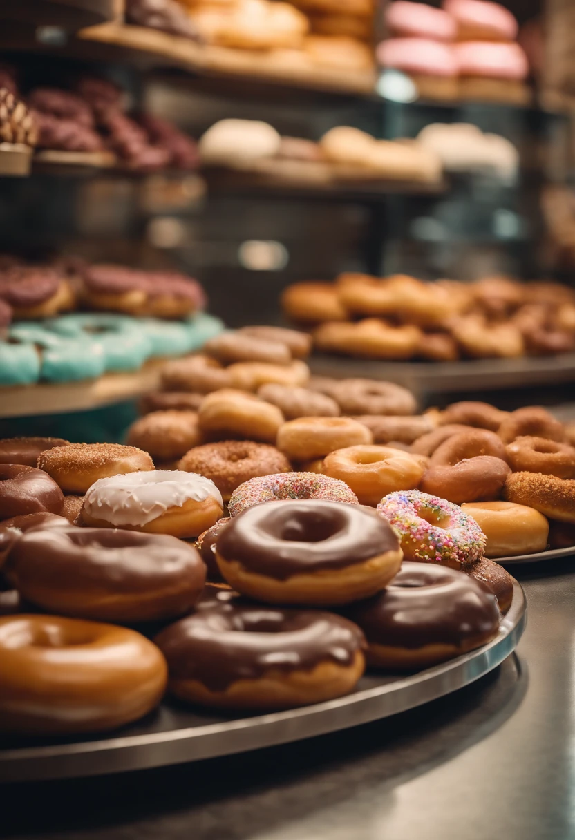 A high-resolution image of a donut shop display, with rows of perfectly round donuts in various flavors, colors, and designs, creating a visually inviting and tempting scene