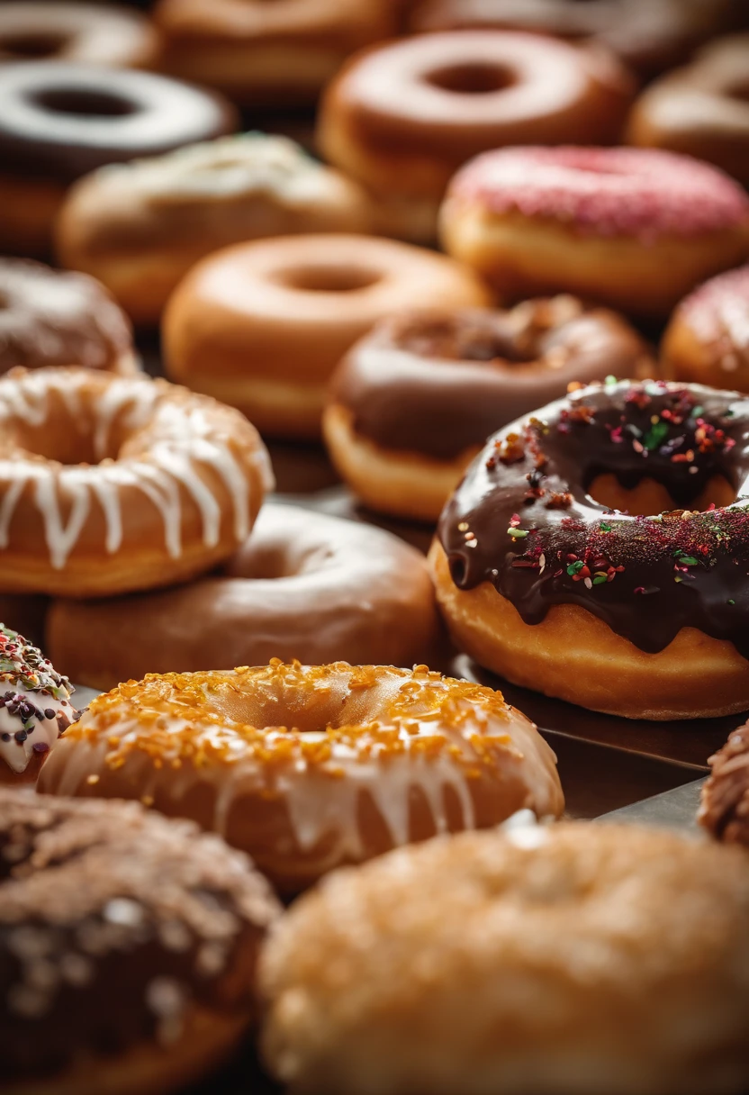 A high-resolution image of a donut shop display, with rows of perfectly round donuts in various flavors, colors, and designs, creating a visually inviting and tempting scene