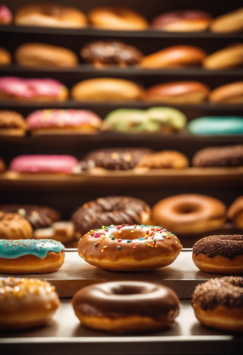 A high-resolution image of a donut shop display, with rows of perfectly round donuts in various flavors, colors, and designs, creating a visually inviting and tempting scene