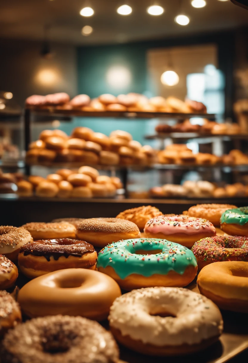 A high-resolution image of a donut shop display, with rows of perfectly round donuts in various flavors, colors, and designs, creating a visually inviting and tempting scene