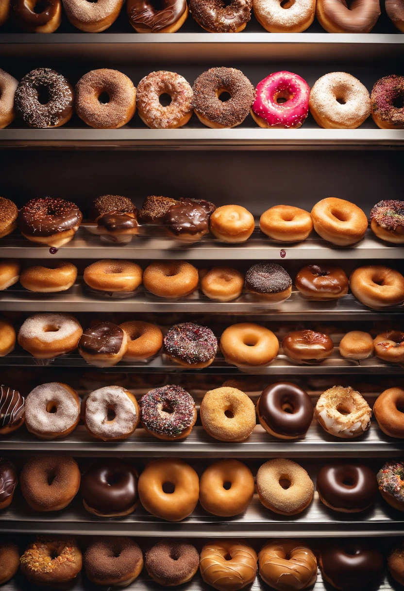 A high-resolution image of a donut shop display, with rows of perfectly round donuts in various flavors, colors, and designs, creating a visually inviting and tempting scene