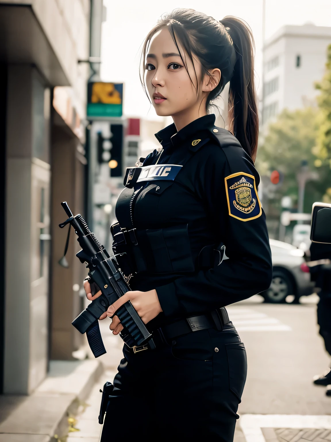 hay una mujer uniformada sosteniendo un arma en la calle, vestimenta: golpe, oficial, Agente de seguridad, dilraba dilmurat, en uniforme negro, wearing techwear and armor, con rifle, photograph of a techwear woman, wearing a police uniform, police oficial, dressed in tactical armor, en uniforme militar negro, Imagen tomada con Canon EOS R 5
