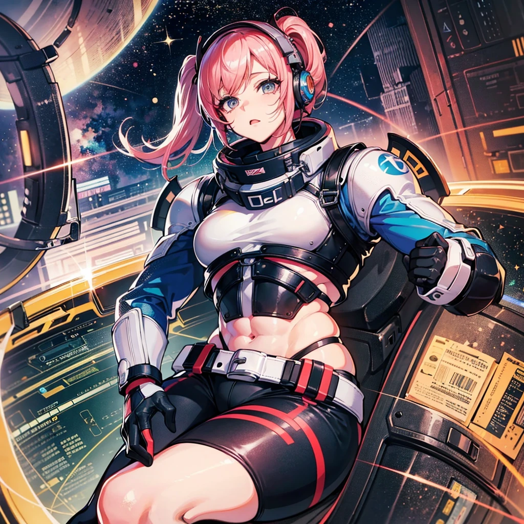 (((masterpiece、Top image quality、top-quality、highly detailed unity 8kwall-paper)))、((Illustration of one adult))、((25-years old))、(pilot)、(((Beautiful girl with a beautiful face、The body is a man)))、(((Twintails with pink hair)))、Light gray eyes、((Tall))、((Muscular strong man's body))、((Muscular strong man's body、solid chest、muscular chest plate、abdominals、muscular and thick arms、muscular and thick legs))、(((白いpilotスーツ)))、((manspreading、Sitting in the cockpit))、(space fighter cockpit、The Universe on the Monitor、Earth seen from space、Spaceport)