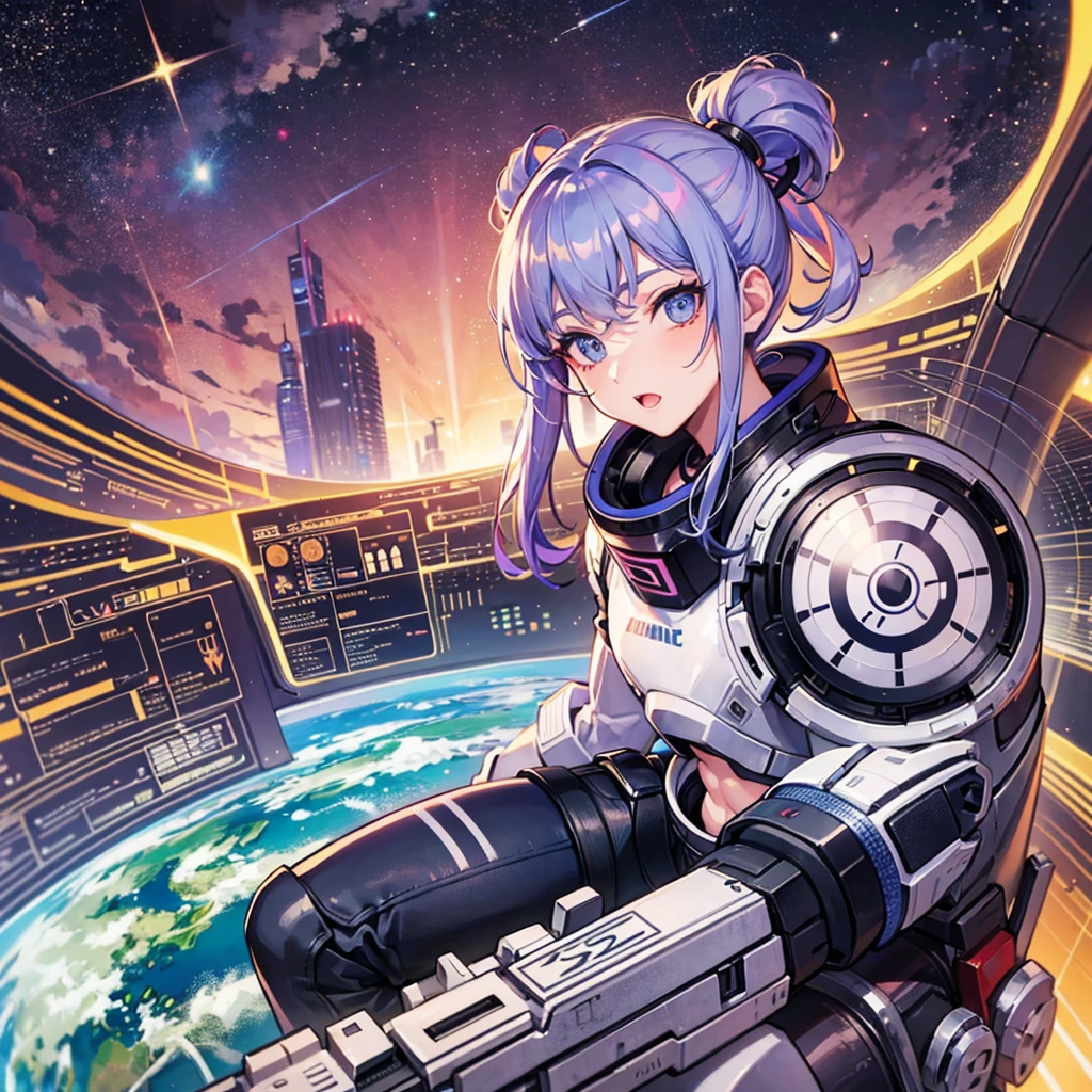 （（（​masterpiece、Top image quality、top-quality、highly detailed unity 8ｋwall-paper）））、（（Illustration of one adult））、（（25-years old））、（pilot）、（（（Beautiful girl with a beautiful face、The body is a man）））、（（（Twintails with pink hair）））、Light gray eyes、（（Tall））、（（Muscular strong man's body））、（（Muscular strong man's body、solid chest、muscular chest plate、abdominals、muscular and thick arms、muscular and thick legs））、（（（白いpilotスーツ）））、（（manspreading、Sitting in the cockpit））、（space fighter cockpit、The Universe on the Monitor、Earth seen from space、Spaceport）