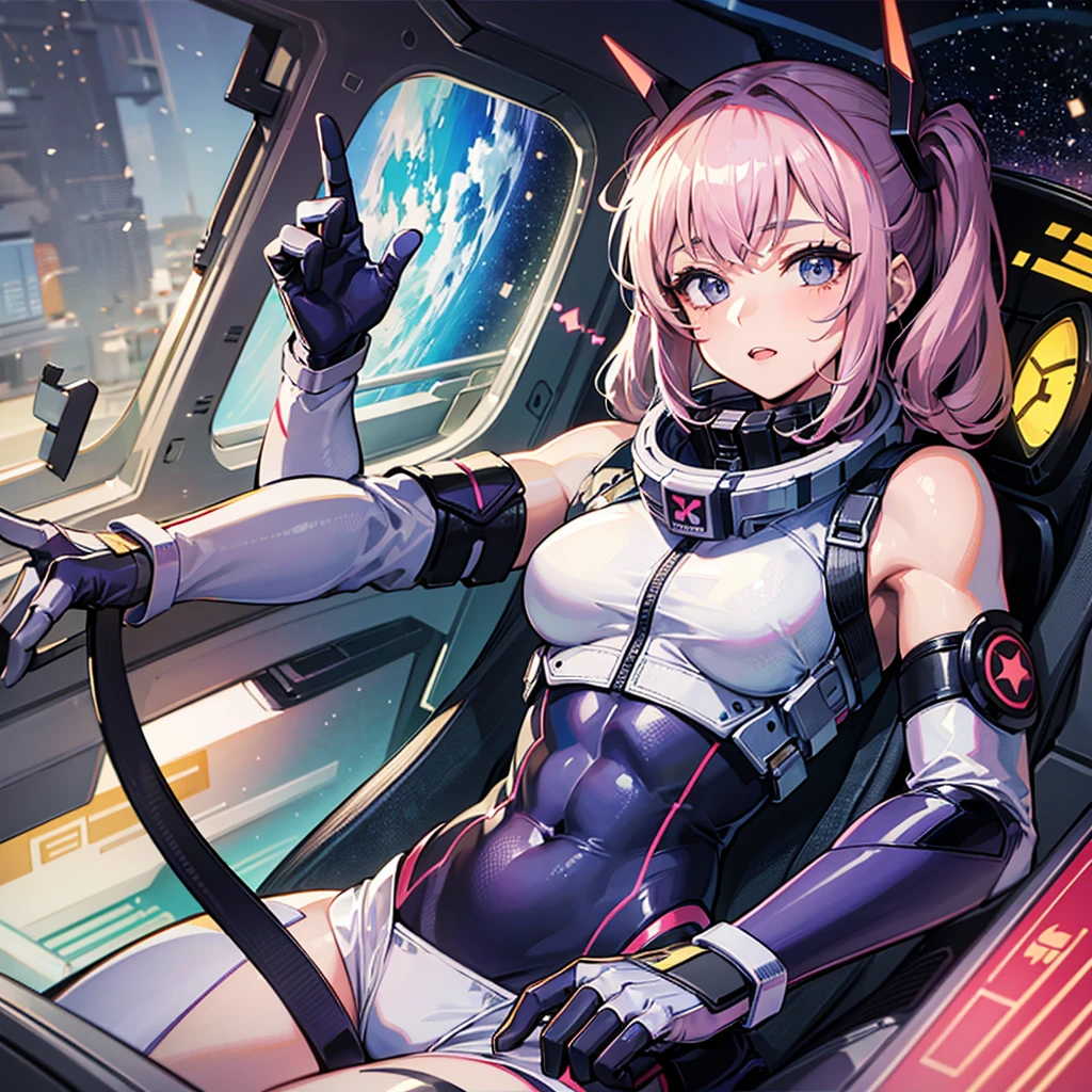 (((masterpiece、Top image quality、top-quality、highly detailed unity 8kwall-paper)))、((Illustration of one adult))、((25-years old))、(pilot)、(((Beautiful girl with a beautiful face、The body is a man)))、(((Twintails with pink hair)))、Light gray eyes、((Tall))、((Muscular strong man's body))、((Muscular strong man's body、solid chest、muscular chest plate、abdominals、muscular and thick arms、muscular and thick legs))、(((白いpilotスーツ)))、((manspreading、Sitting in the cockpit))、(space fighter cockpit、The Universe on the Monitor、Earth seen from space、Spaceport)
