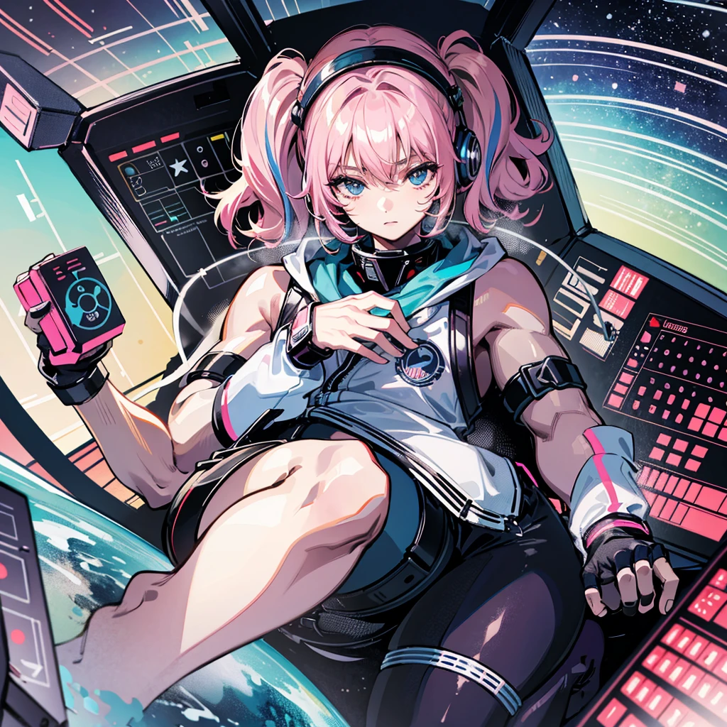 (((masterpiece、Top image quality、top-quality、highly detailed unity 8kwall-paper)))、((Illustration of one adult))、((25-years old))、(pilot)、(((Beautiful girl with a beautiful face、The body is a man)))、(((Twintails with pink hair)))、Light gray eyes、((Tall))、((Muscular strong man's body))、((Muscular strong man's body、solid chest、muscular chest plate、abdominals、muscular and thick arms、muscular and thick legs))、(((白いpilotスーツ)))、((manspreading、Sitting in the cockpit))、(space fighter cockpit、The Universe on the Monitor、Earth seen from space、Spaceport)
