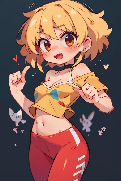 masterpiece, 4k, detailed, extreme detailed, hd, cowboy shot, blonde hair, medium blonde hair, navel, short, medium breasts, cleavage, loli, young, legs exposed, thin waist, small frame, red, blushing, heavy blushing, pants, leggings, black chocker, red ruffle Off-the-shoulder Top, red Off-the-shoulder lace, teenager, smile, scolding, 1 hand pointing finger, yelling, 1 hand pointing at viewer, one hand clenched