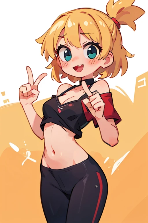 masterpiece, 4k, detailed, extreme detailed, hd, cowboy shot, blonde hair, medium blonde hair, short, medium breasts, cleavage, loli, young, legs exposed, thin waist, small frame, red, blushing, heavy blushing, pants, leggings, bra, black bra, red dotted bra, teenager, smile, scolding, 1 hand pointing finger, yelling, 1 hand pointing at viewer, one hand clenched, sexy