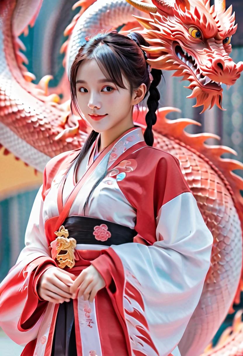 A cute Chinese girl,Standing next to the Chinese dragon, cyber punk personage, Red cotton jacket，TRADITIONAL CHINESE COSTUMES，Double ball hairstyle，Dragon in the background, Mechanical elements，rainbowing，a hologram，tmasterpiece，ultraclear，UE5，bailing_eastern dragon