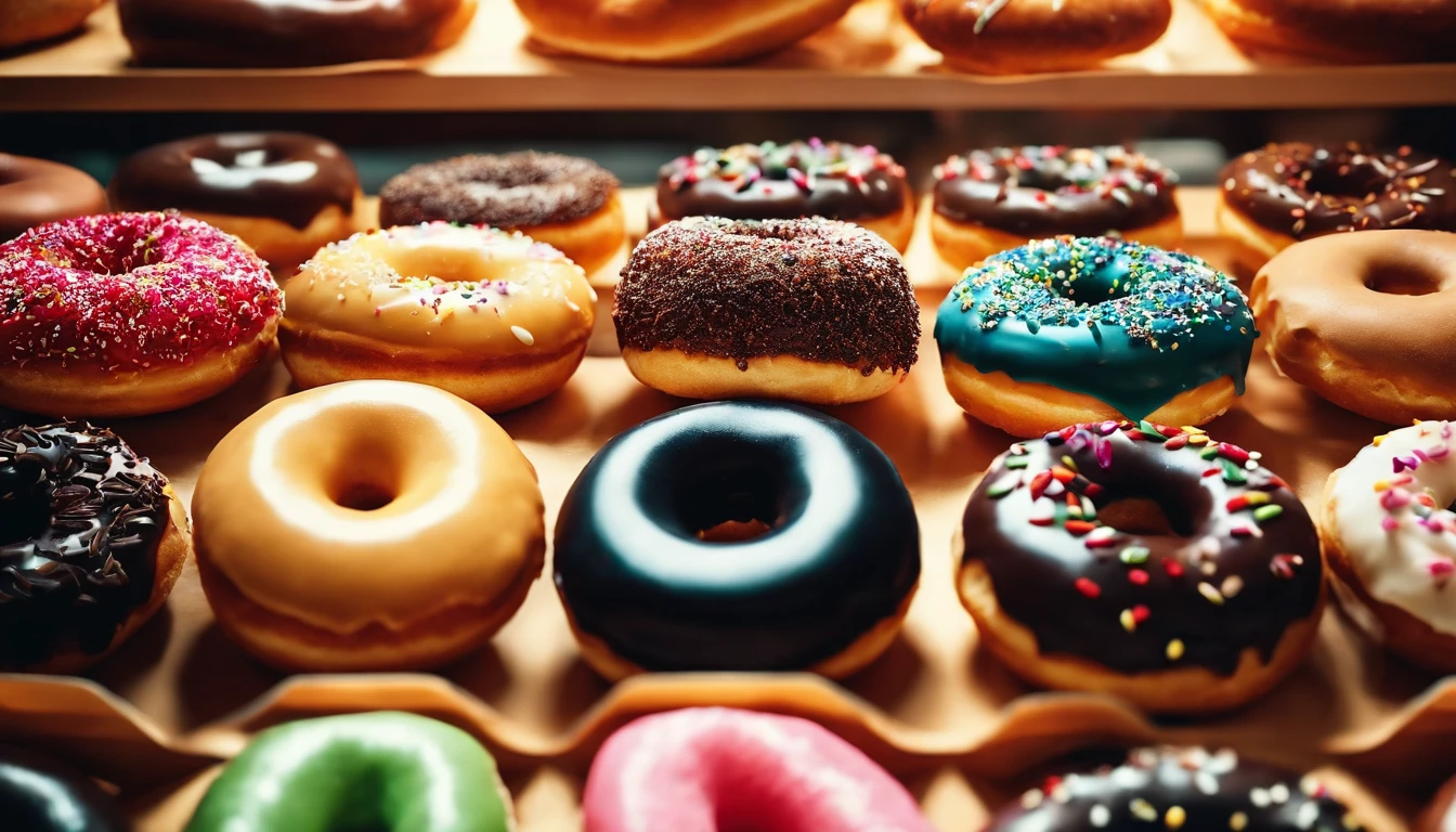 A high-resolution image of a donut shop display, with rows of perfectly round donuts in various flavors, colors, and designs, creating a visually inviting and tempting scene