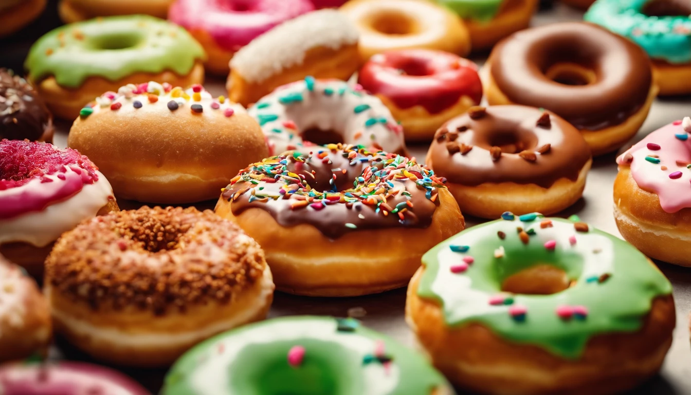 A high-resolution image of a donut shop display, with rows of perfectly round donuts in various flavors, colors, and designs, creating a visually inviting and tempting scene