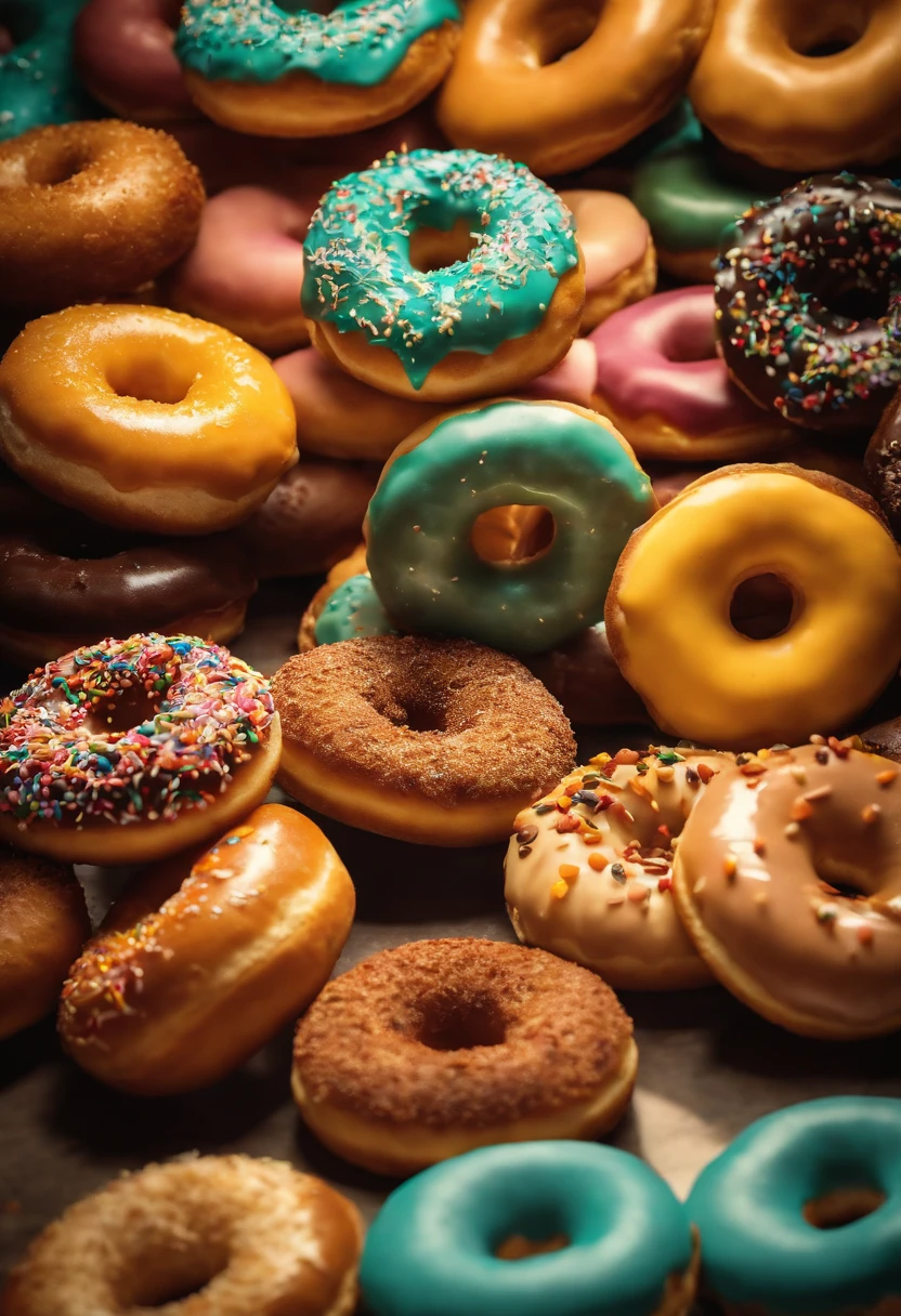 A high-resolution image of a donut shop display, with rows of perfectly round donuts in various flavors, colors, and designs, creating a visually inviting and tempting scene