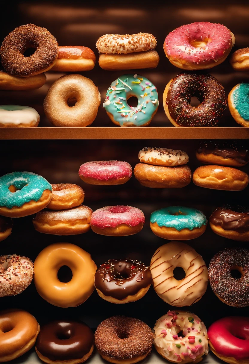 A high-resolution image of a donut shop display, with rows of perfectly round donuts in various flavors, colors, and designs, creating a visually inviting and tempting scene