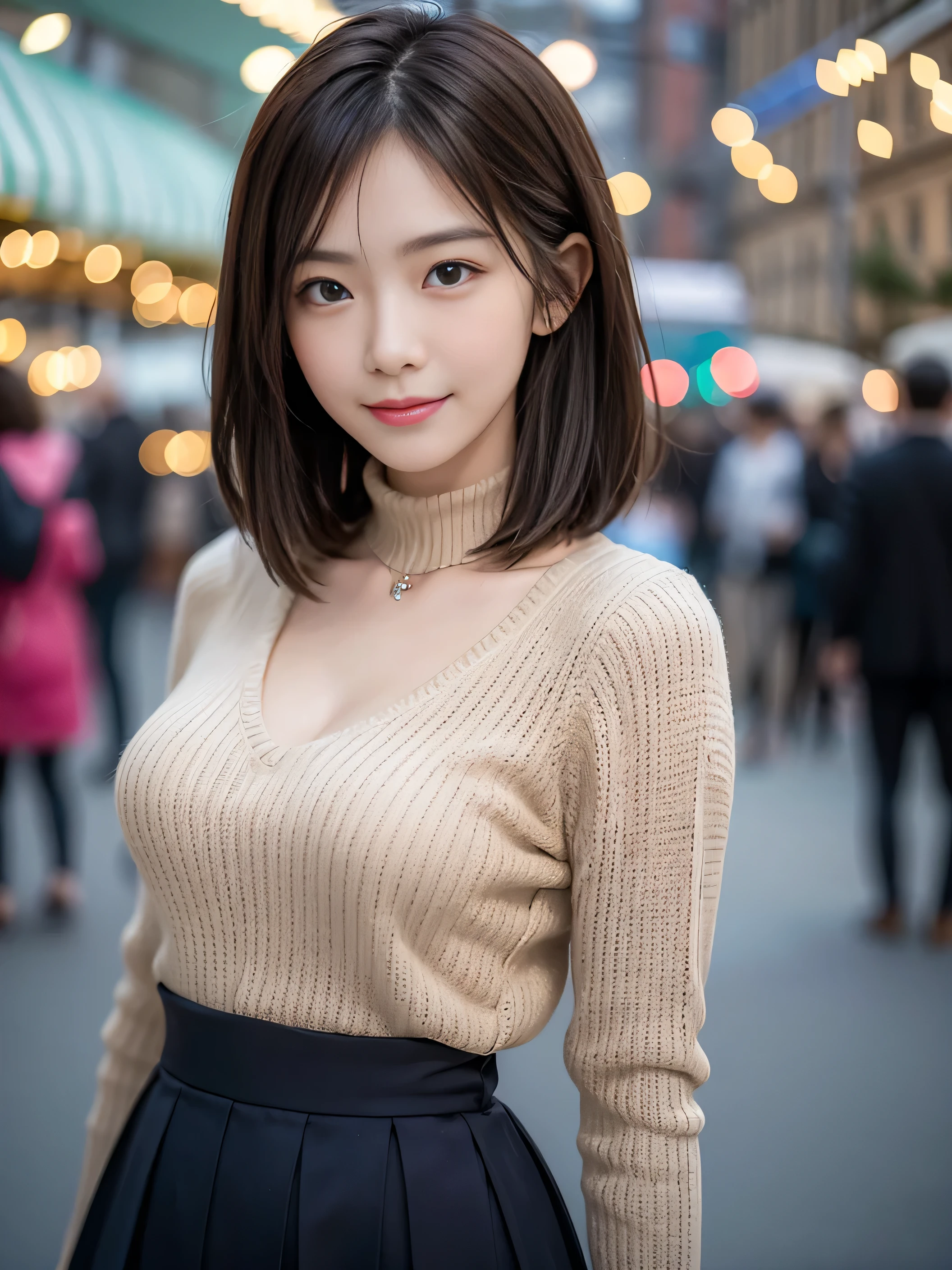 (8K,masutepiece, Raw photo,Best Quality:1.4),(photographrealistic:1.2),(extremely Detailed face),(Shiny skin),(Detailed skin),(Detailed face),(Extremely beautiful face),1girl in,Looking at Viewer,Japanese ido(actor hair,Medium Hair,Straight hair,asymmetrical bangs,Smile,glamor,big chest jacket, Turtleneck sweater, Pleated skirt:1.2), Christmas Market,High Position,Professional Lighting、(((G Cup Big)))、Elegant Pose、 Looking at the camera、Standing、Full-body photos、(((Cute short hairstyle)))