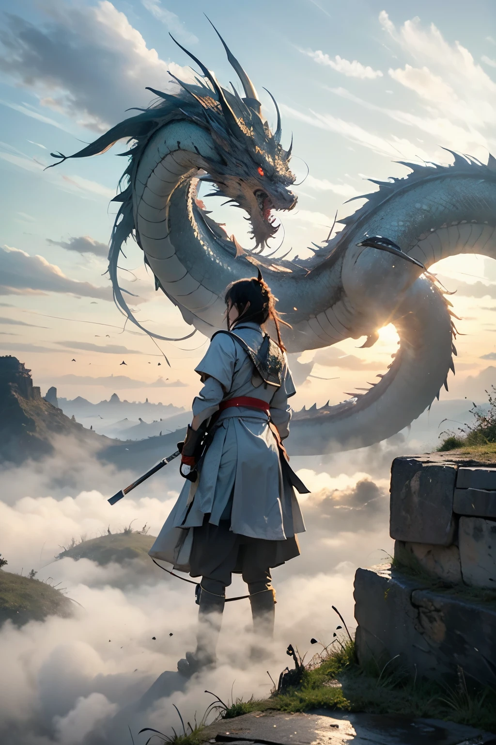 Top light, far view (shot from bottom up), girl, armed with weapon, outdoor, standing, cloud from behind, sky, cloudy sky, animal, oriental dragon, monster, 1 other, fog,